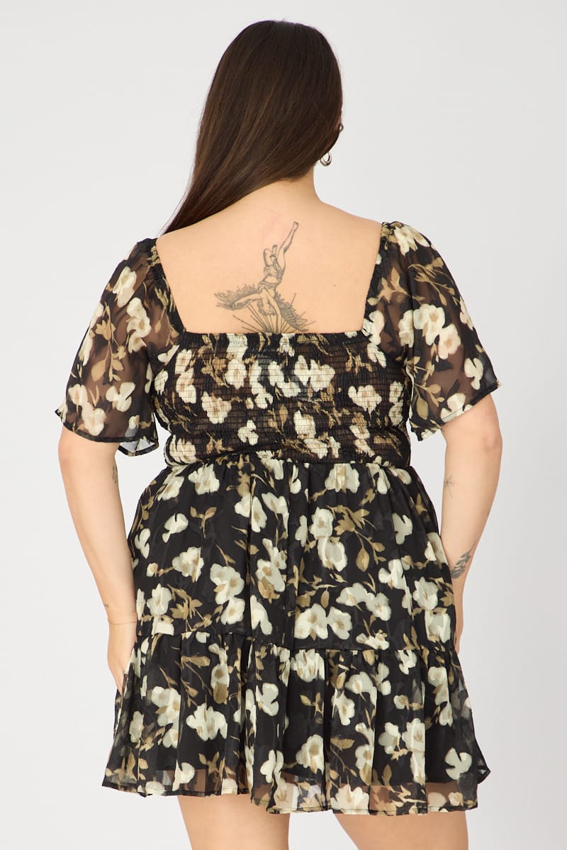 Black Floral Skater Dress Short Sleeve Cut Out for YouandAll Fashion
