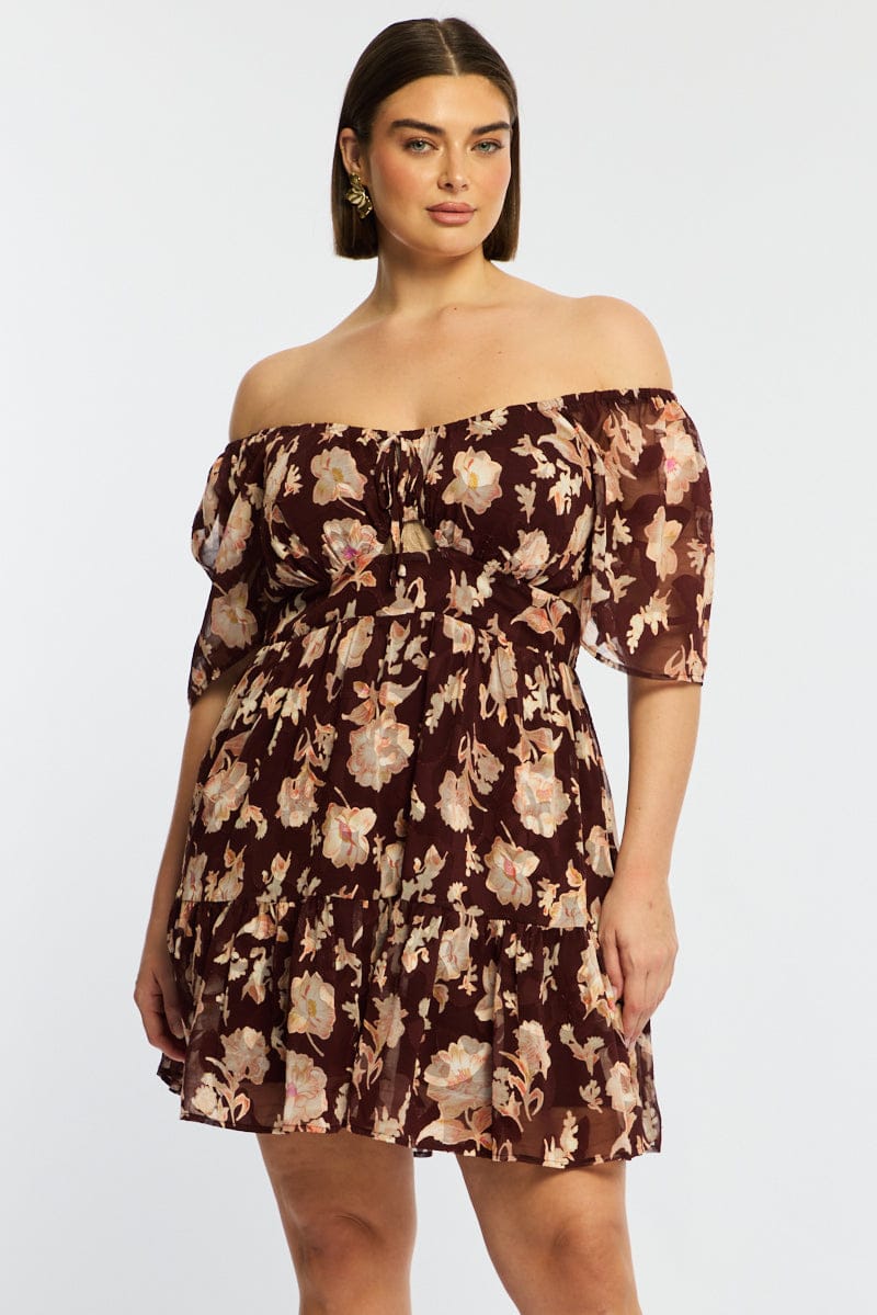Red Floral Skater Dress Short Sleeve Ruched Bust for YouandAll Fashion