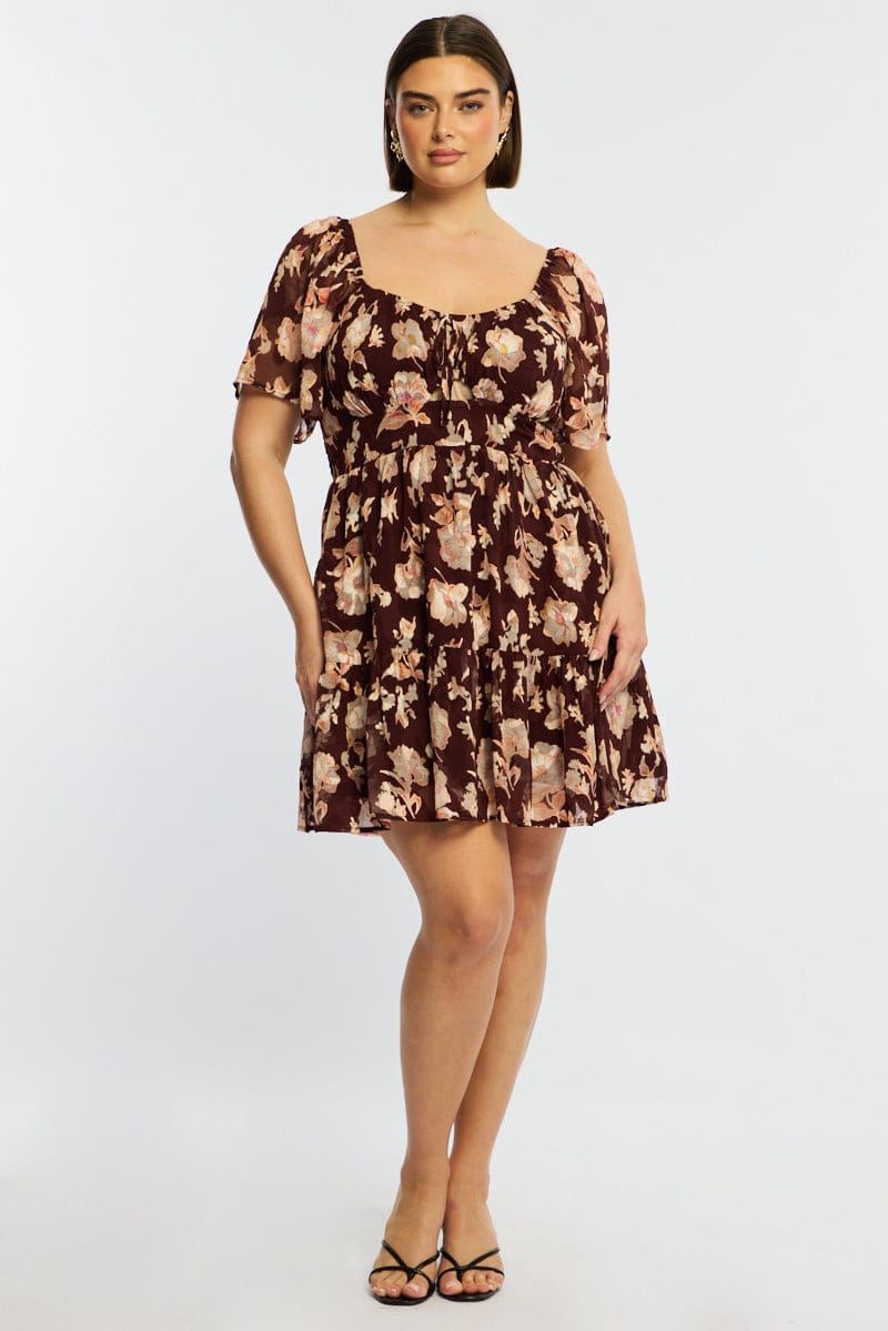 Red Floral Skater Dress Short Sleeve Ruched Bust for YouandAll Fashion