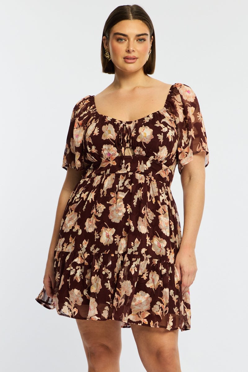 Red Floral Skater Dress Short Sleeve Ruched Bust for YouandAll Fashion