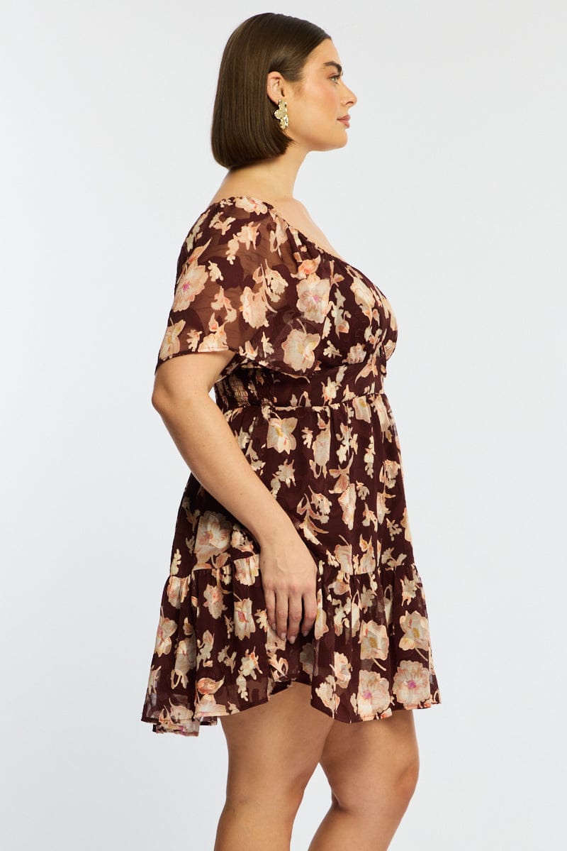 Red Floral Skater Dress Short Sleeve Ruched Bust for YouandAll Fashion