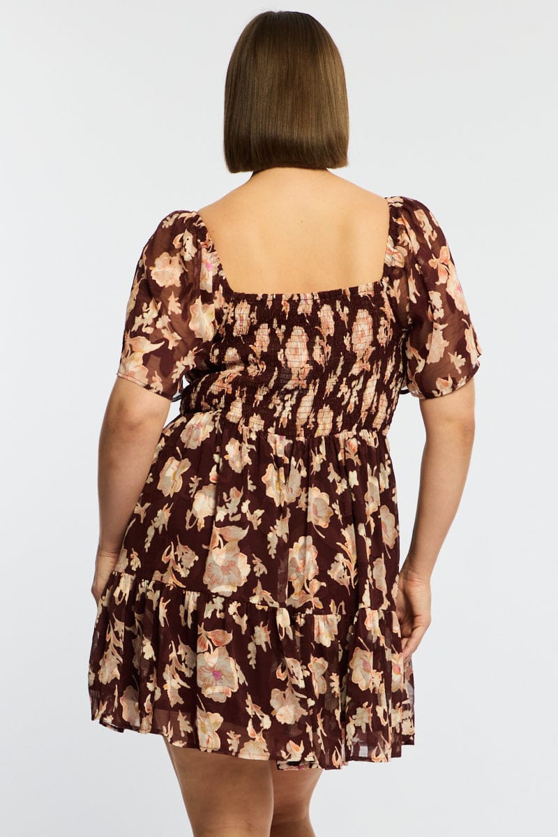 Red Floral Skater Dress Short Sleeve Ruched Bust for YouandAll Fashion