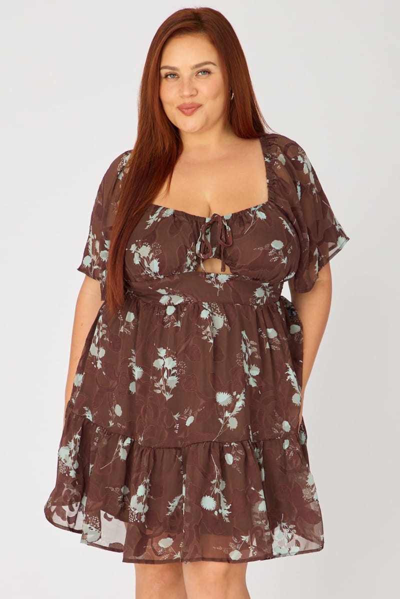 Brown Floral Skater Dress Short Sleeve Cut Out for YouandAll Fashion