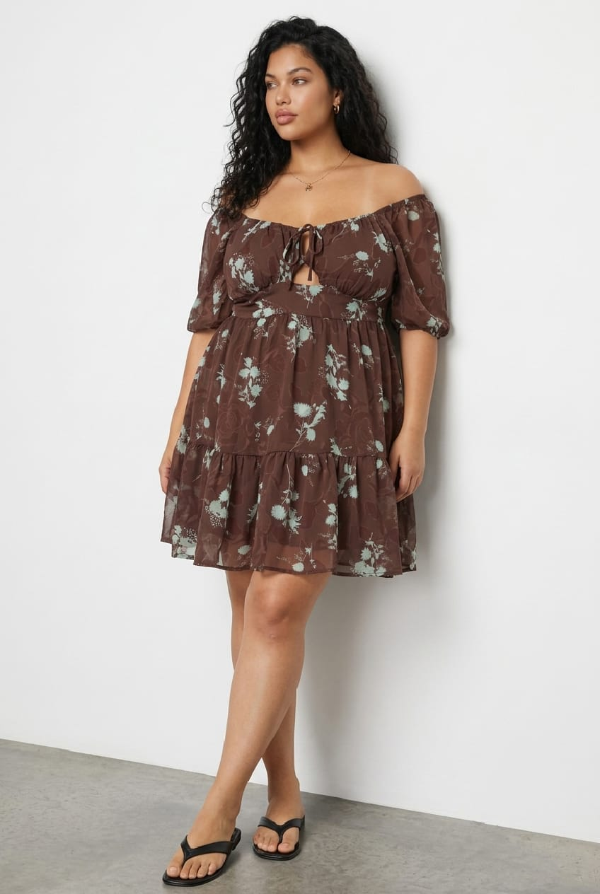 Brown Floral Skater Dress Short Sleeve Cut Out for YouandAll Fashion