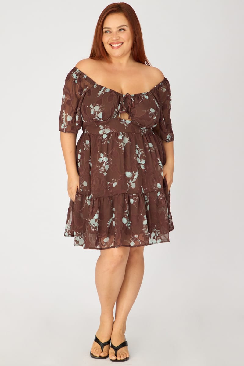Brown Floral Skater Dress Short Sleeve Cut Out for YouandAll Fashion