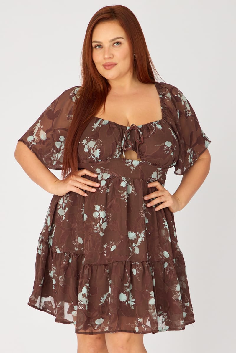 Brown Floral Skater Dress Short Sleeve Cut Out for YouandAll Fashion