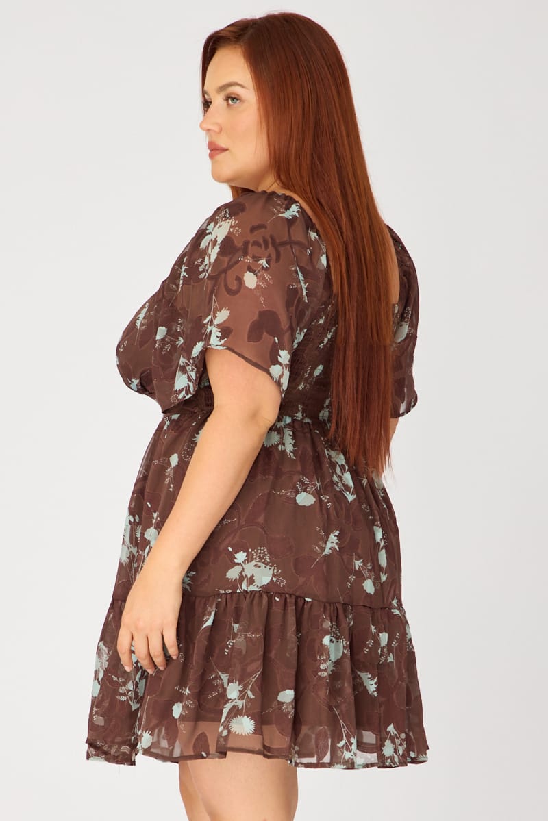 Brown Floral Skater Dress Short Sleeve Cut Out for YouandAll Fashion