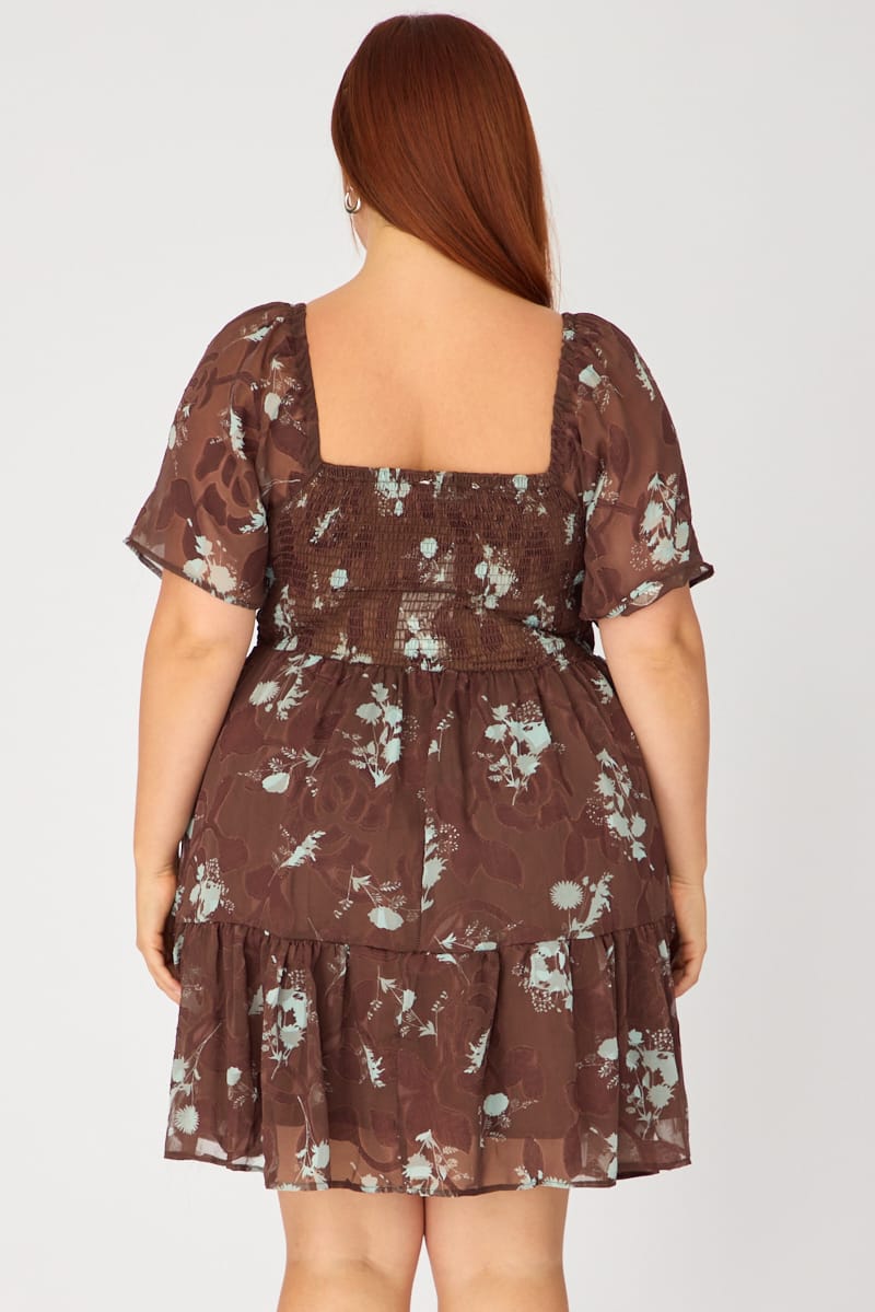 Brown Floral Skater Dress Short Sleeve Cut Out for YouandAll Fashion