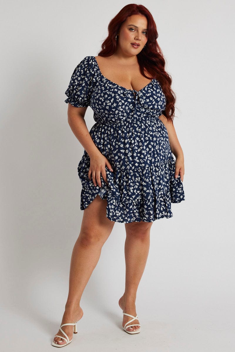 Blue Ditsy Fit and Flare Dress Short Sleeve Tiered Lace Up for YouandAll Fashion