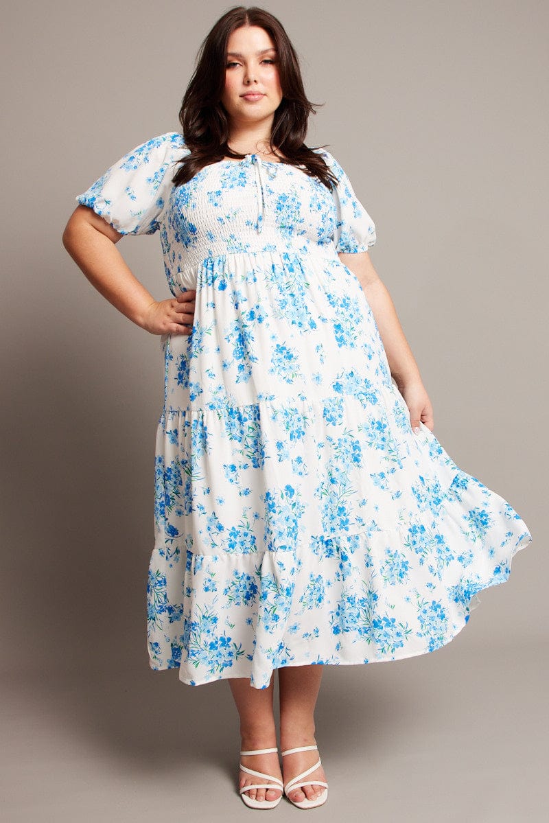 Blue Floral Midi Dress Short Sleeve Shirred for YouandAll Fashion