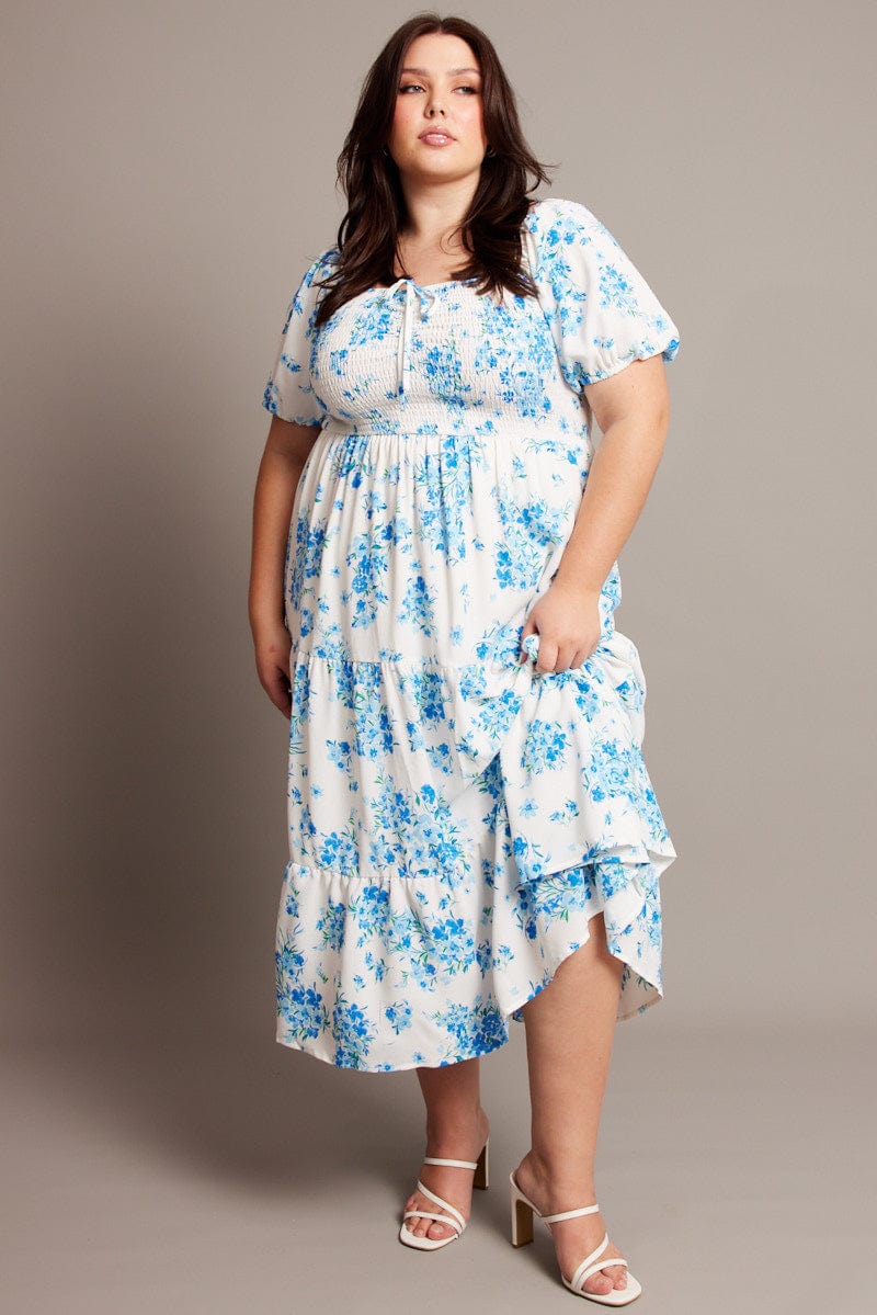 Blue Floral Midi Dress Short Sleeve Shirred for YouandAll Fashion