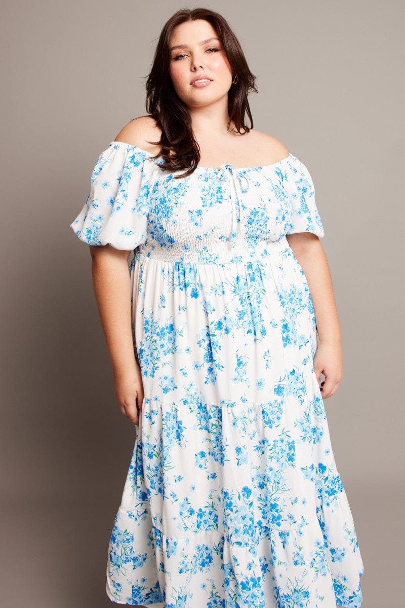 Blue Floral Midi Dress Short Sleeve Shirred for YouandAll Fashion