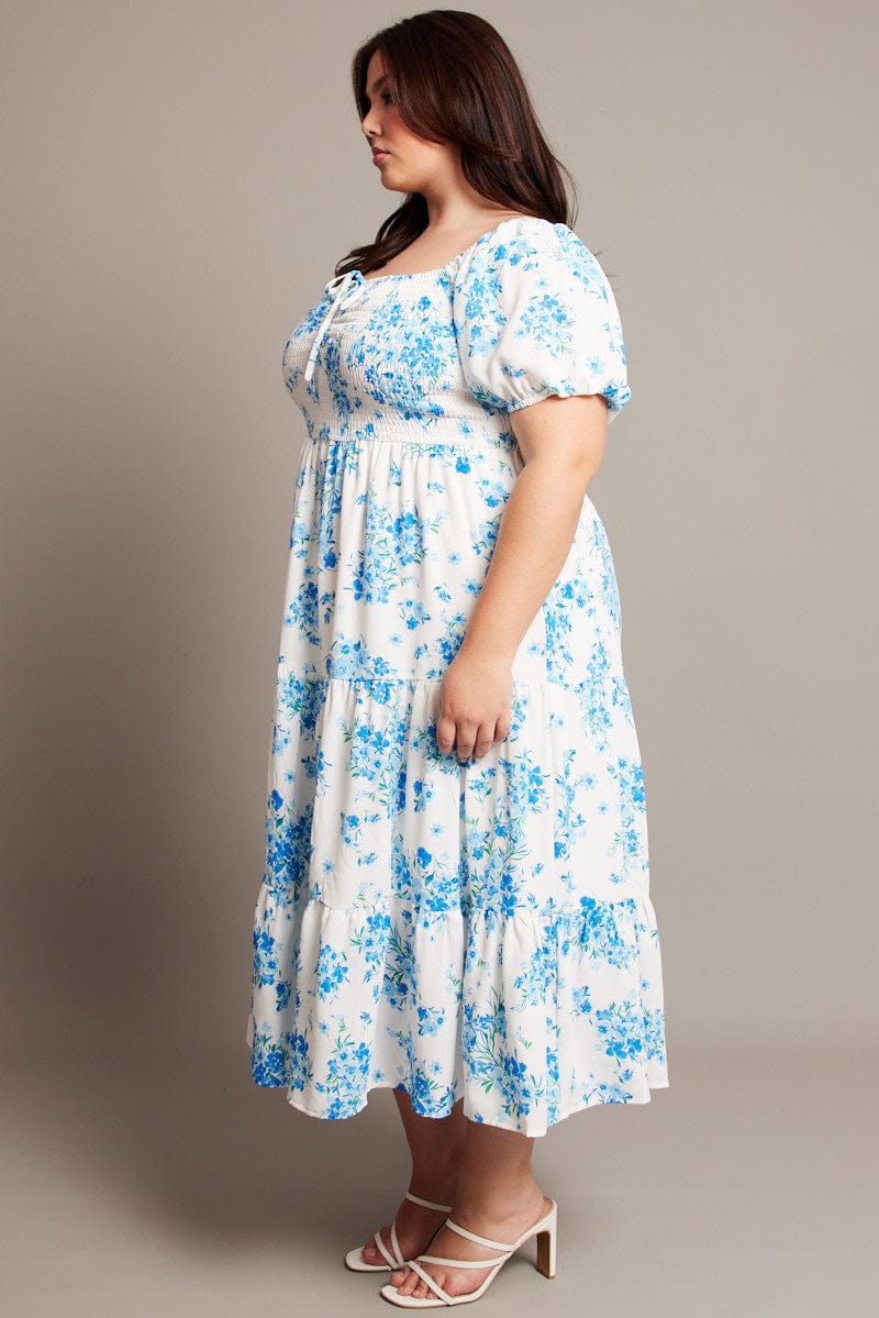 Blue Floral Midi Dress Short Sleeve Shirred for YouandAll Fashion