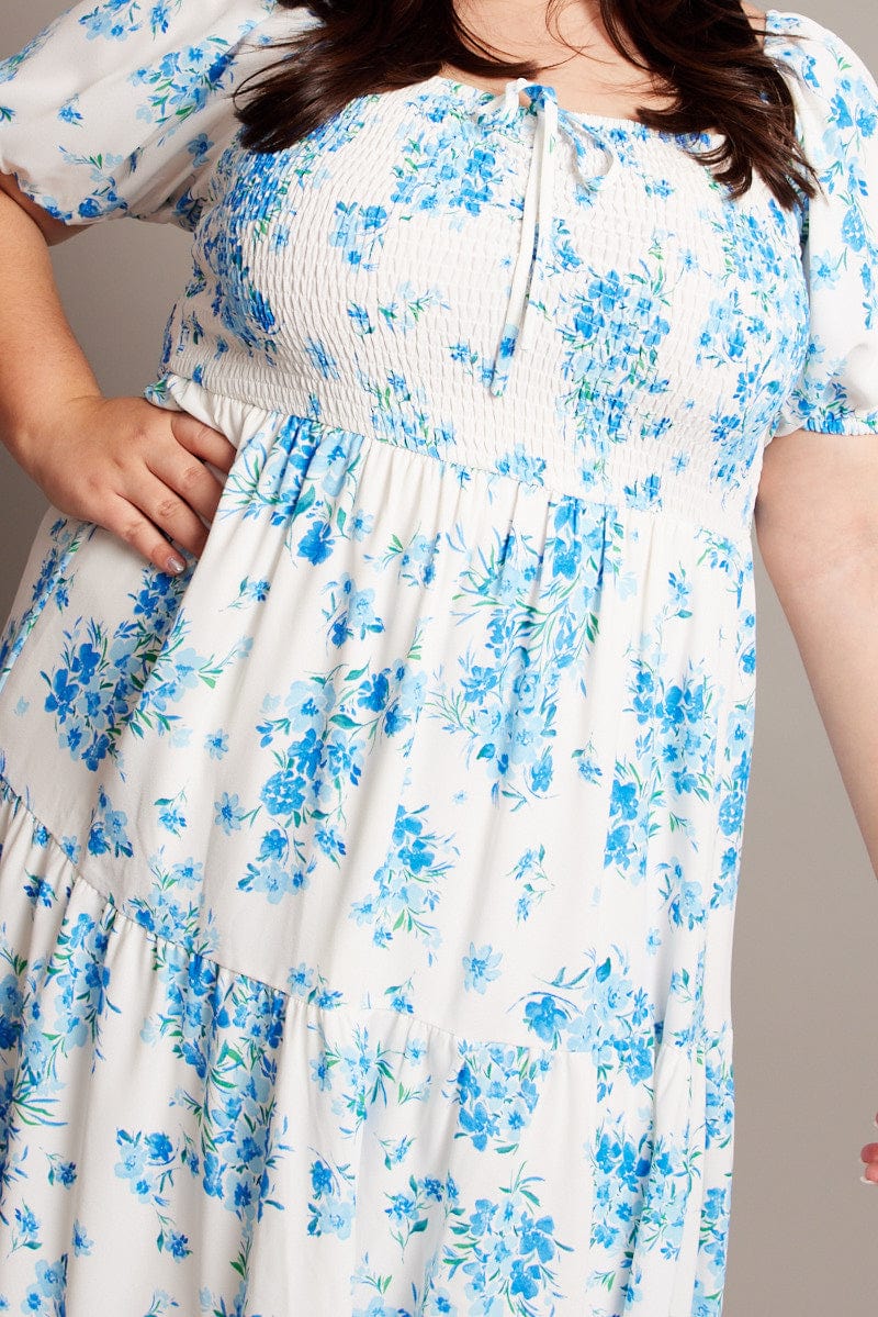 Blue Floral Midi Dress Short Sleeve Shirred for YouandAll Fashion