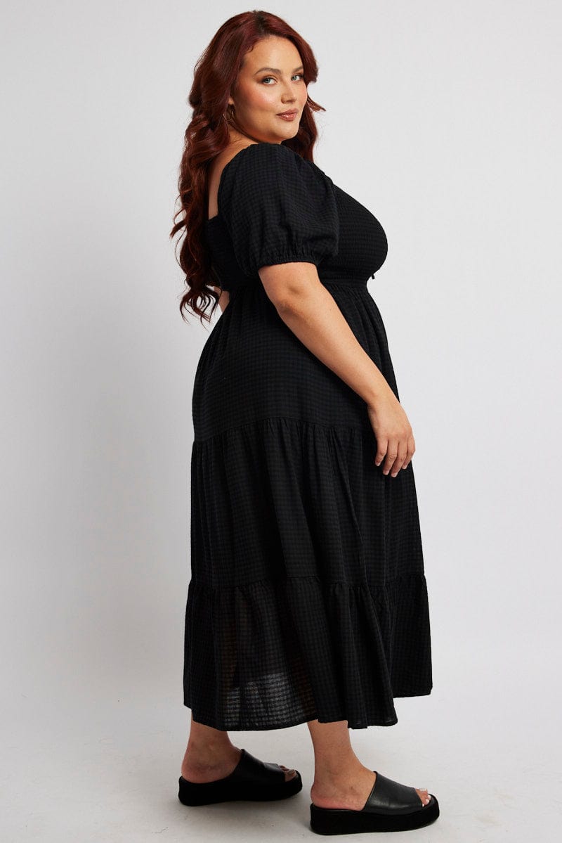 Black Midi Dress Short Sleeve Shirred Self Check for YouandAll Fashion