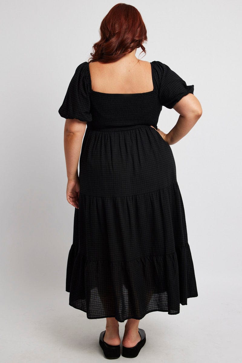 Black Midi Dress Short Sleeve Shirred Self Check for YouandAll Fashion