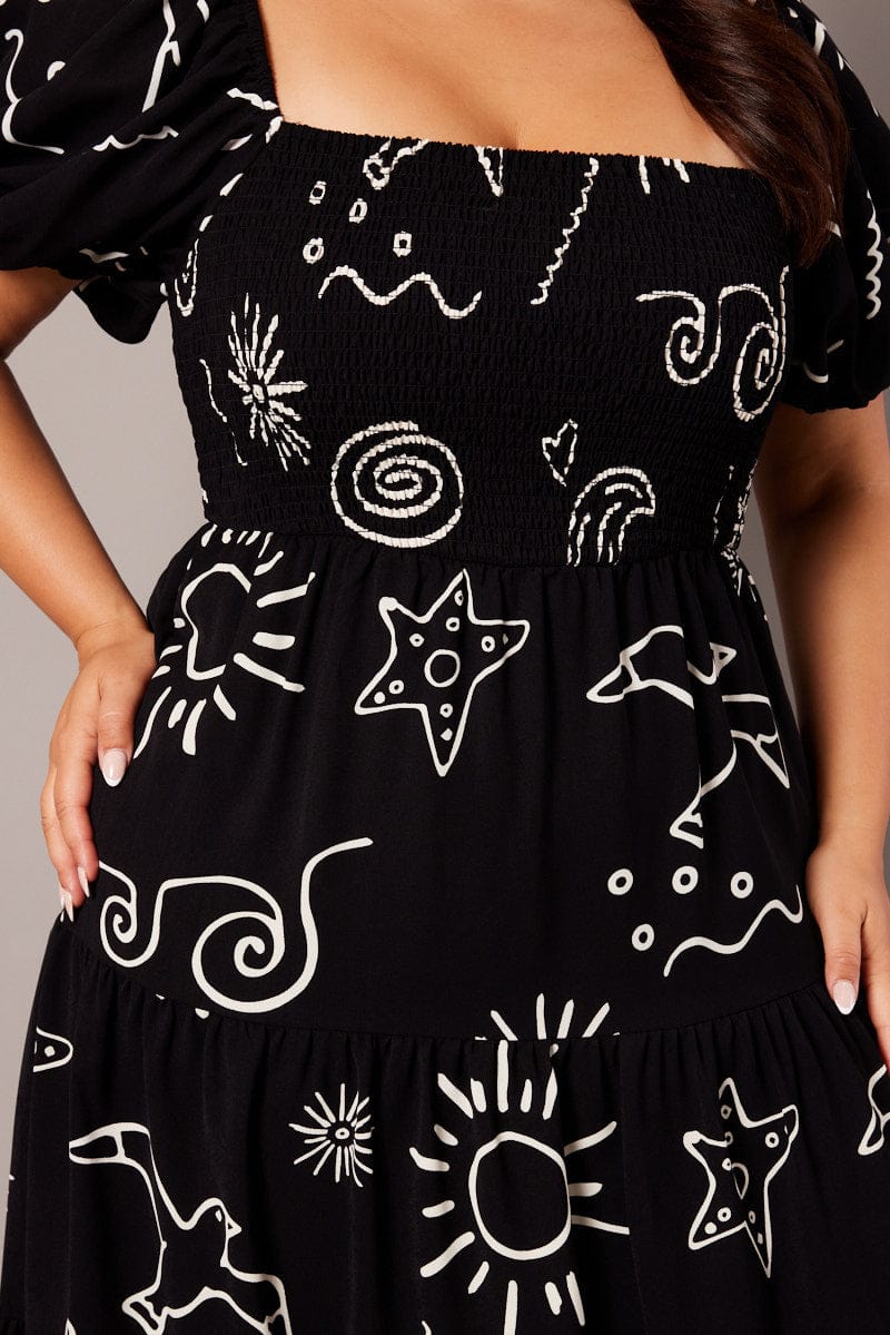 Black Abstract Midi Dress Short Sleeve Shirred for YouandAll Fashion