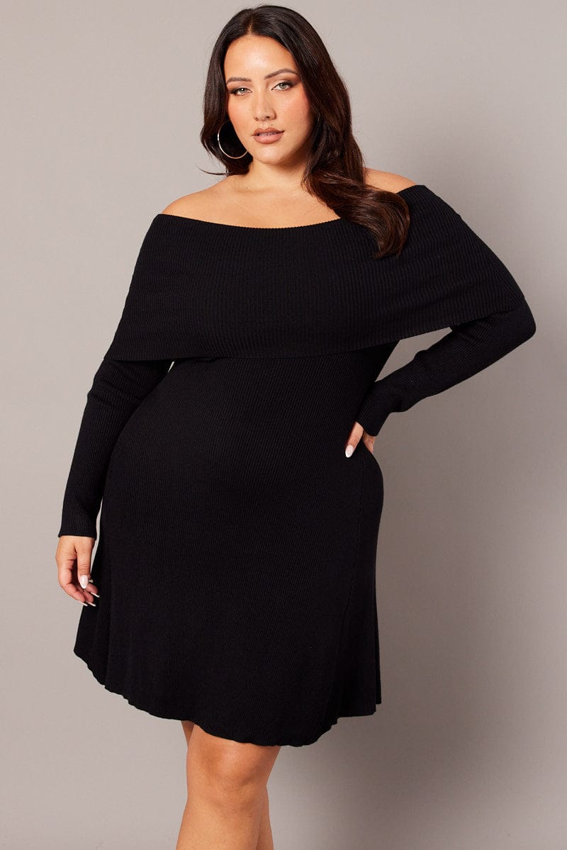 Black Off Shoulder Knit Mini Dress | You & All Black Off Shoulder Knit Mini Dress | You & All