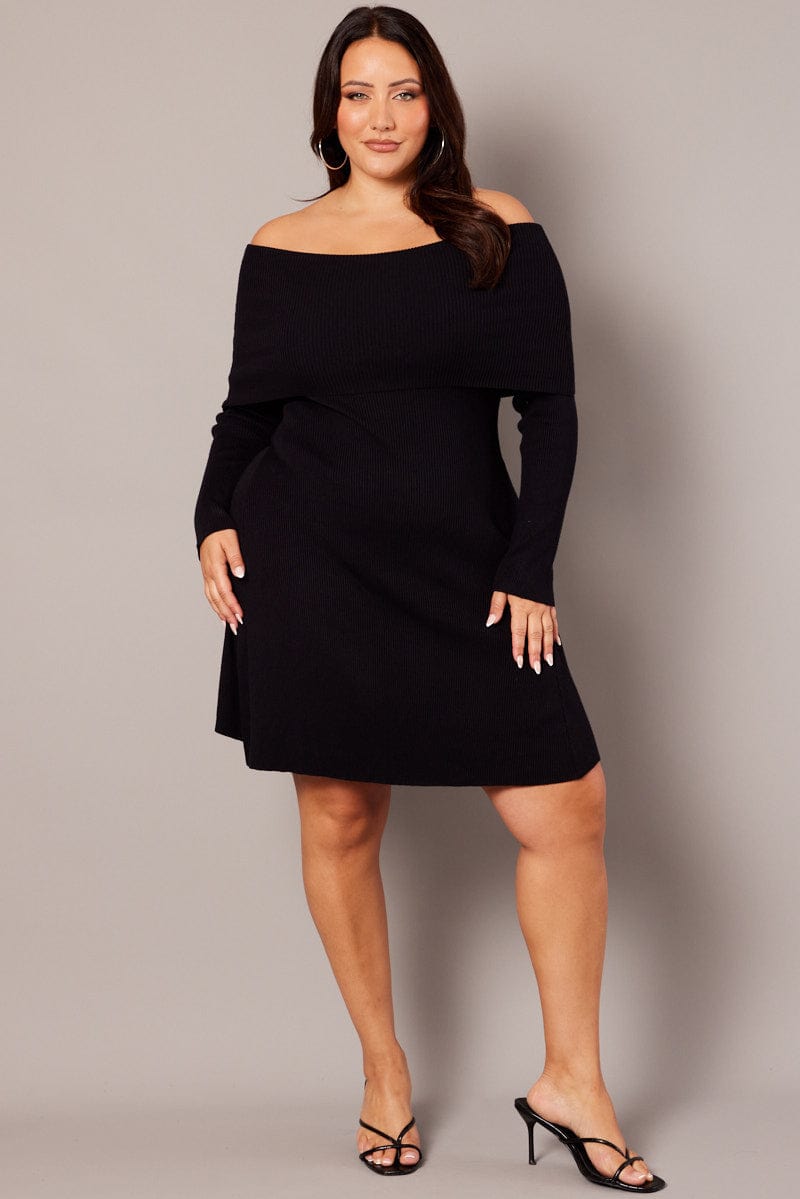 Black Off Shoulder Knit Mini Dress | You & All Black Off Shoulder Knit Mini Dress | You & All