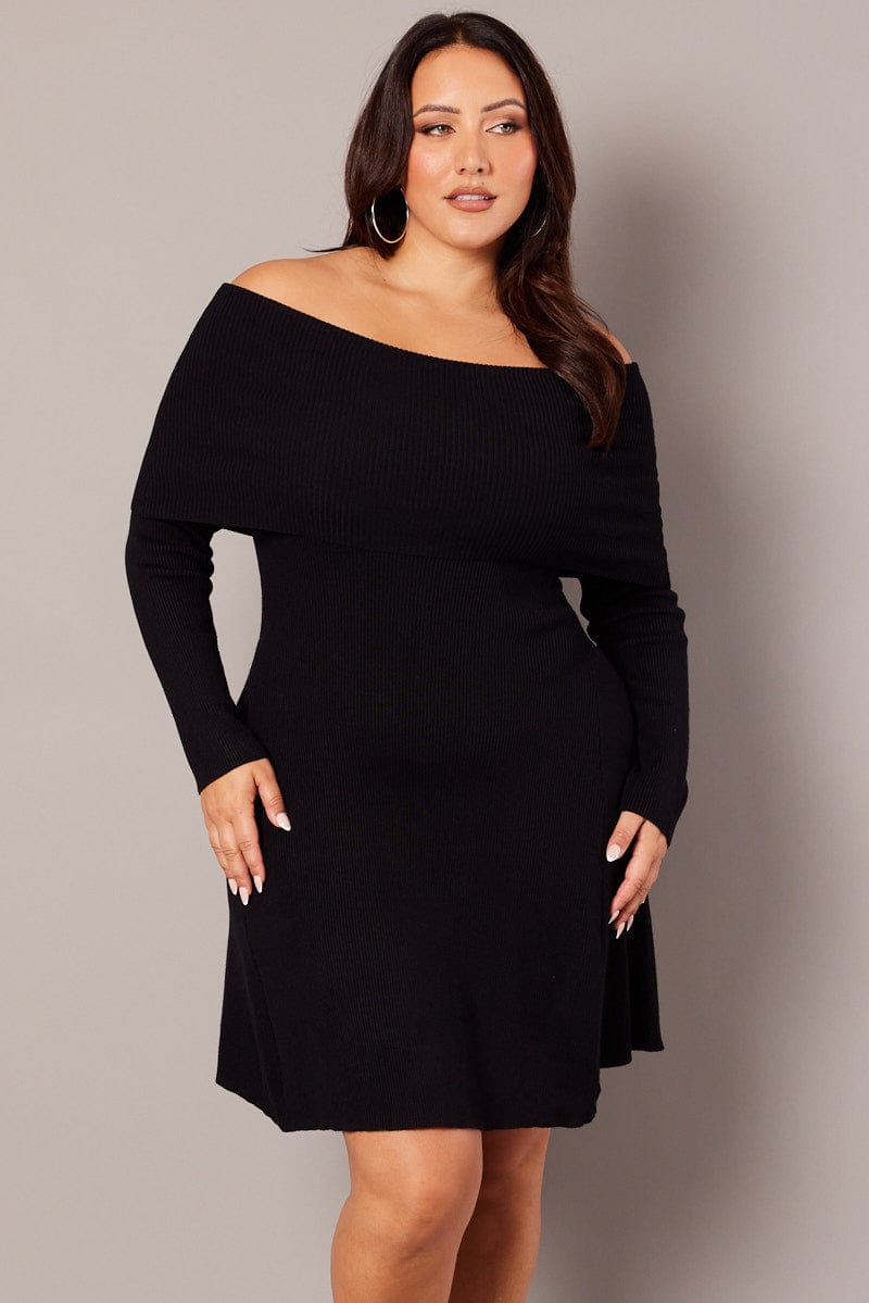 Black Off Shoulder Knit Mini Dress | You & All Black Off Shoulder Knit Mini Dress | You & All