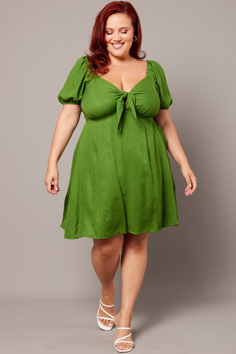 Green Tie Front Shirred Back Minidress for YouandAll Fashion