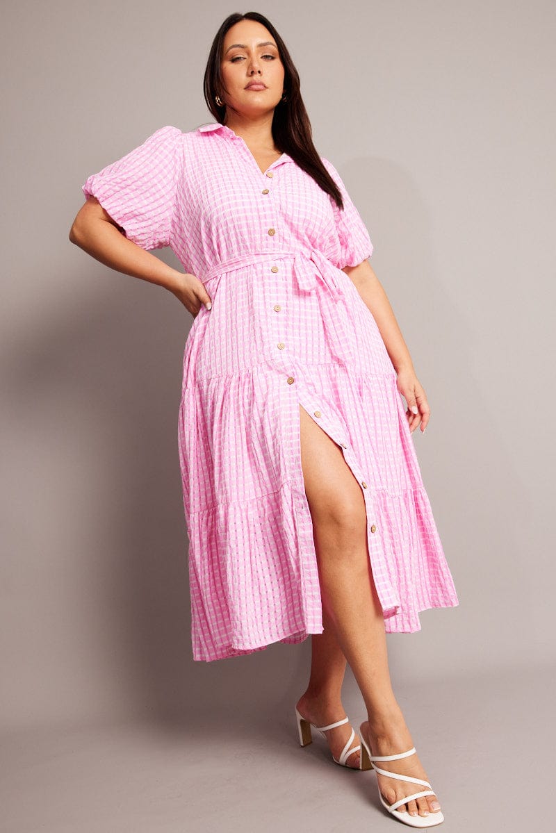 Pink Midi Dress Short Sleeve Shirt Self Check for YouandAll Fashion