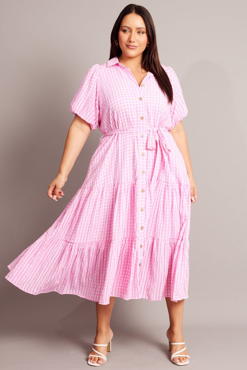 Pink Midi Dress Short Sleeve Shirt Self Check for YouandAll Fashion