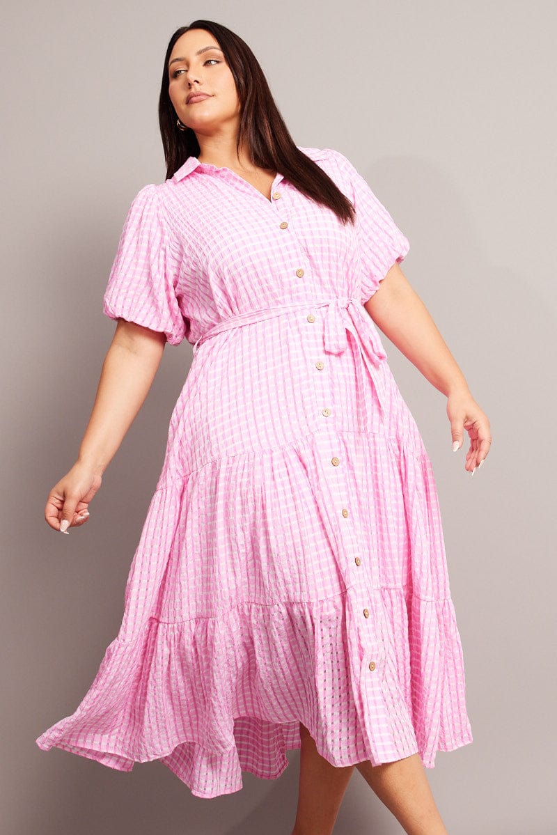 Pink Midi Dress Short Sleeve Shirt Self Check for YouandAll Fashion