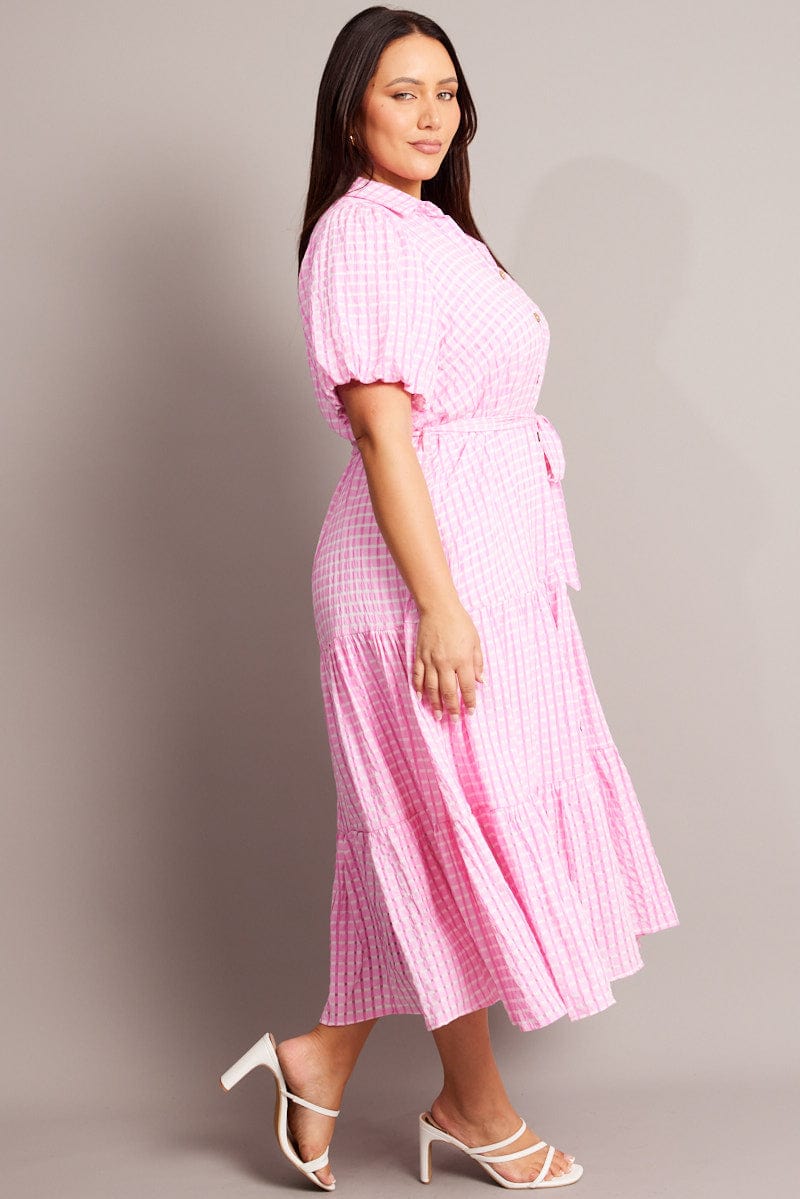 Pink Midi Dress Short Sleeve Shirt Self Check for YouandAll Fashion