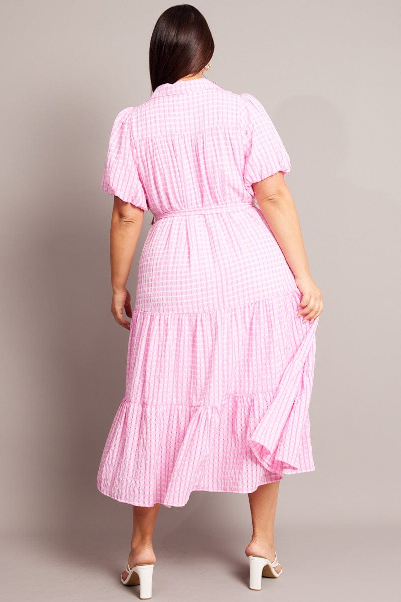 Pink Midi Dress Short Sleeve Shirt Self Check for YouandAll Fashion