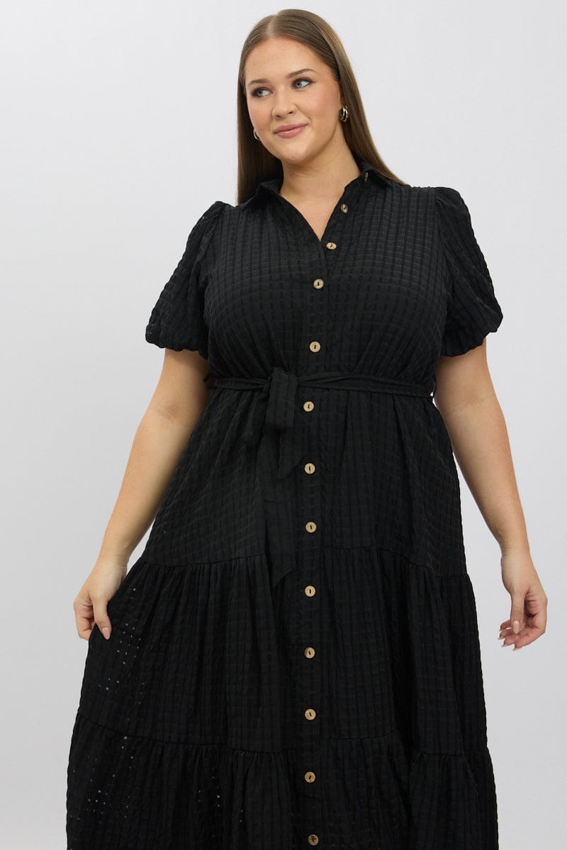 Black Midi Dress Short Sleeve Tiered Shirt You All
