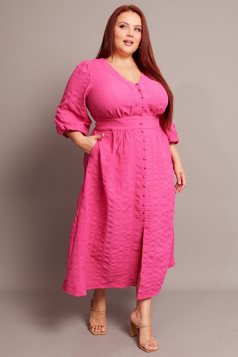 Pink Midi Dress Short Sleeve Textured for YouandAll Fashion