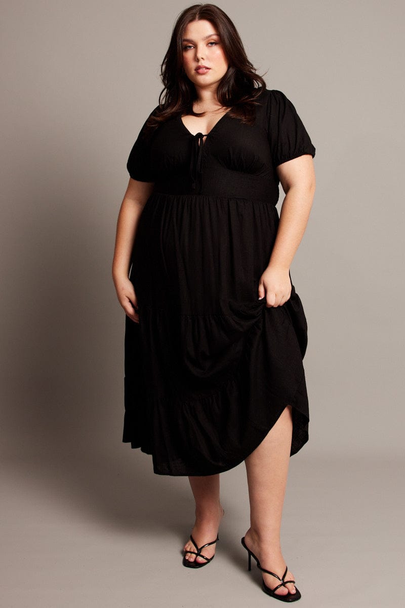 Black Midi Dress Short Sleeve Linen Blend You All