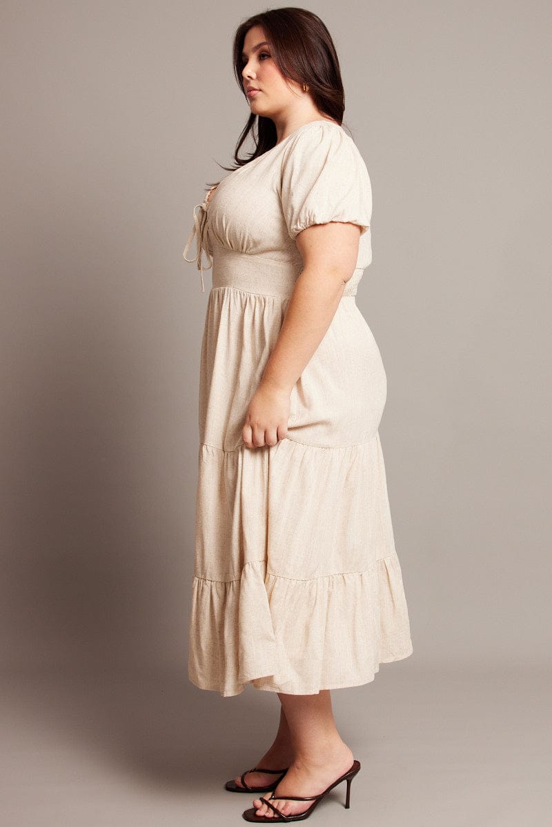 Beige Midi Dress Short Sleeve Linen Blend | You & All Beige Midi Dress Short Sleeve Linen Blend | You & All