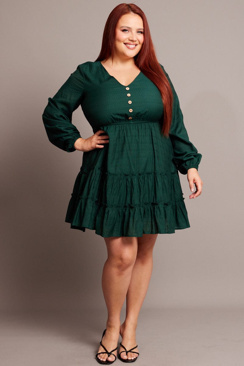 Green Button Through Long Sleeve Dress for YouandAll Fashion