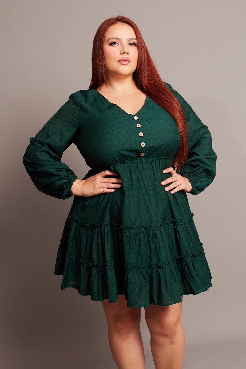 Green Button Through Long Sleeve Dress for YouandAll Fashion