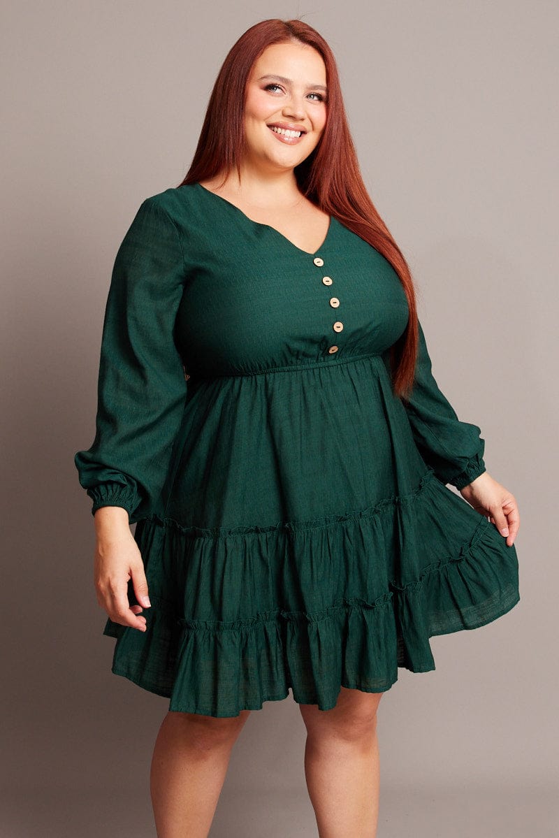 Green Button Through Long Sleeve Dress for YouandAll Fashion