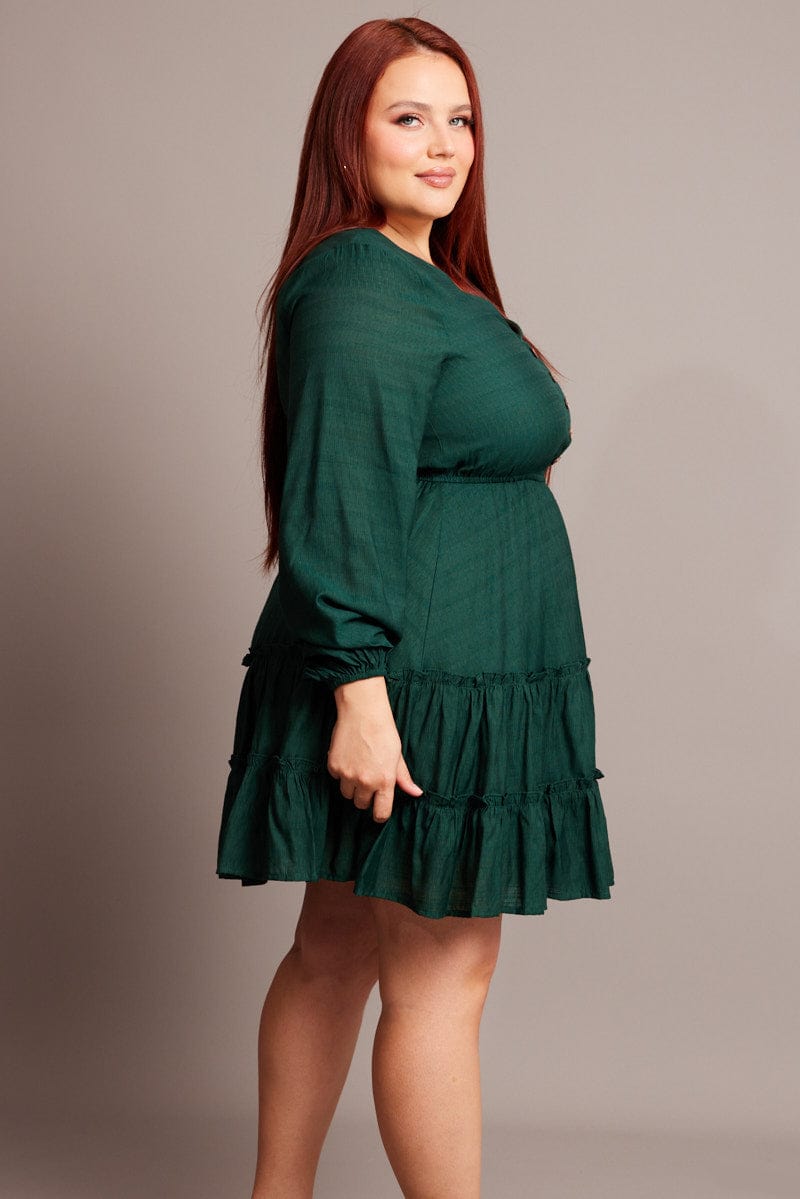 Green Button Through Long Sleeve Dress