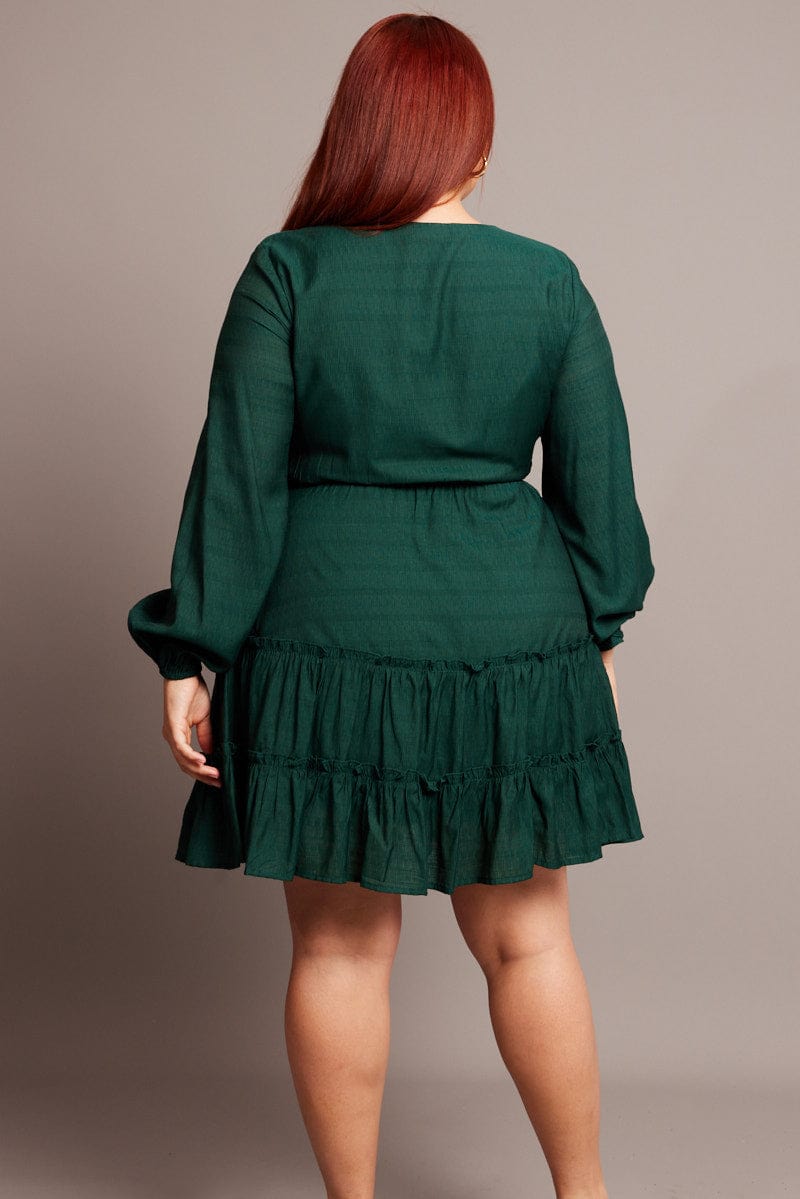 Green Button Through Long Sleeve Dress