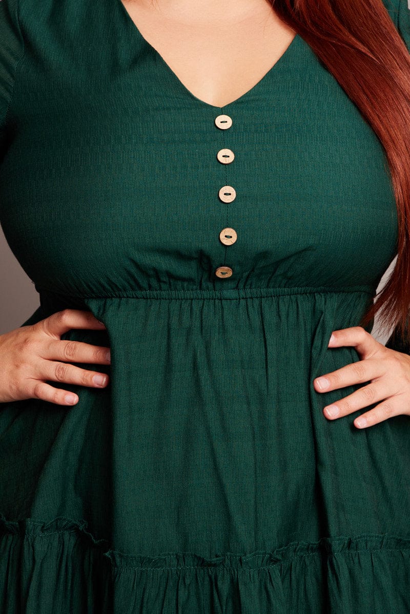 Green Button Through Long Sleeve Dress