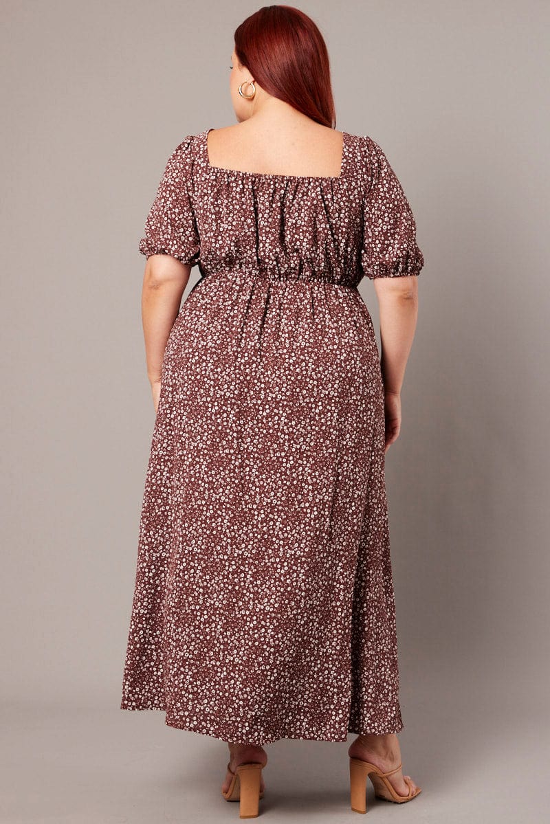 Brown Ditsy Midi Dress Short Sleeve Side Split for YouandAll Fashion