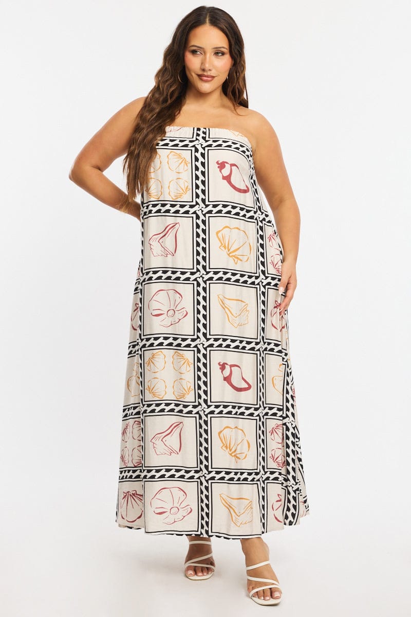 Beige Abstract Maxi Dress Strapless for YouandAll Fashion