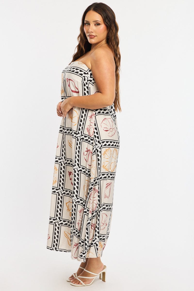 Beige Abstract Maxi Dress Strapless for YouandAll Fashion