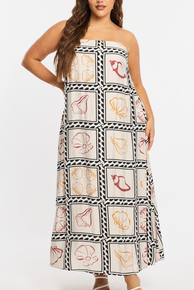 Beige Abstract Maxi Dress Strapless for YouandAll Fashion