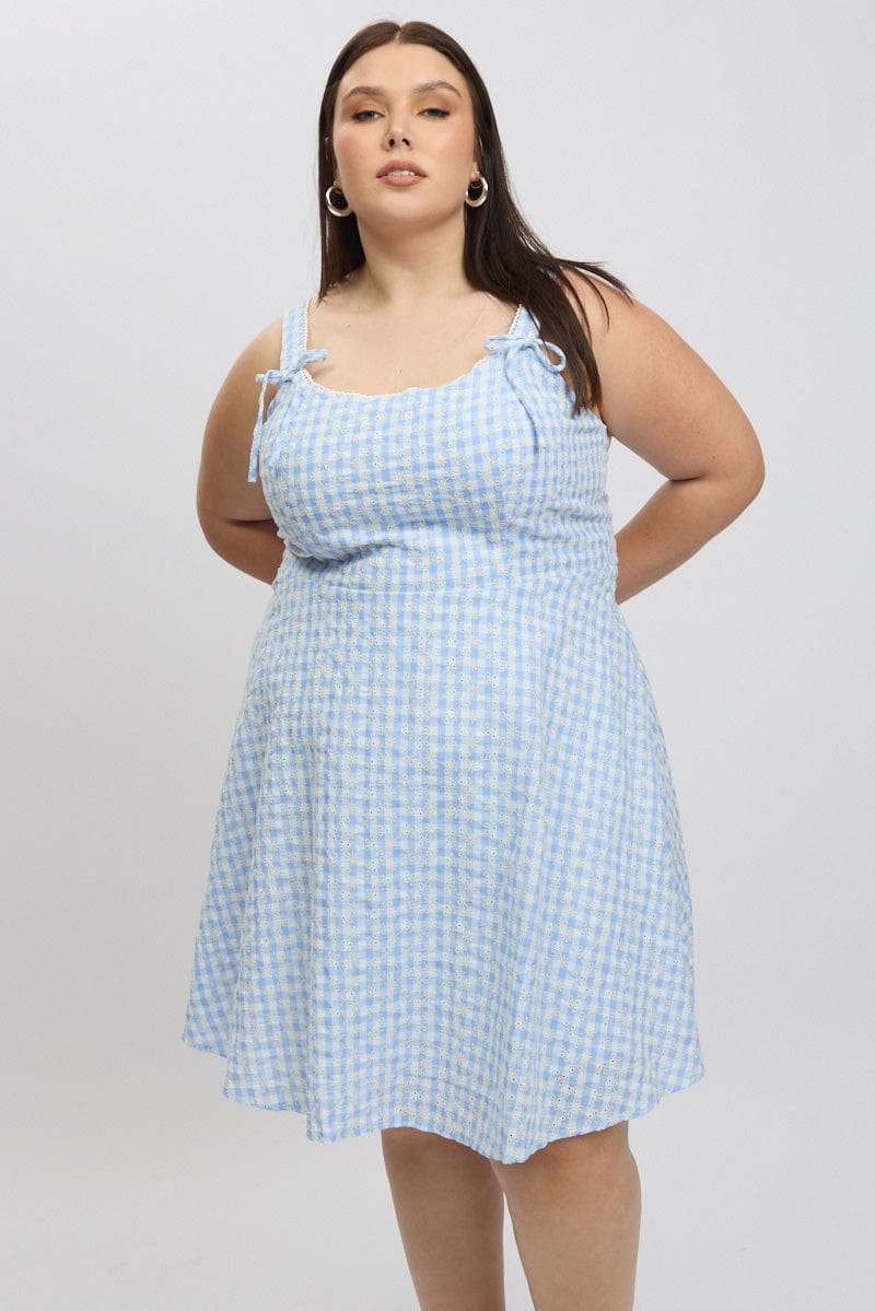 Blue Check Gingham Embroidered Mini Dress