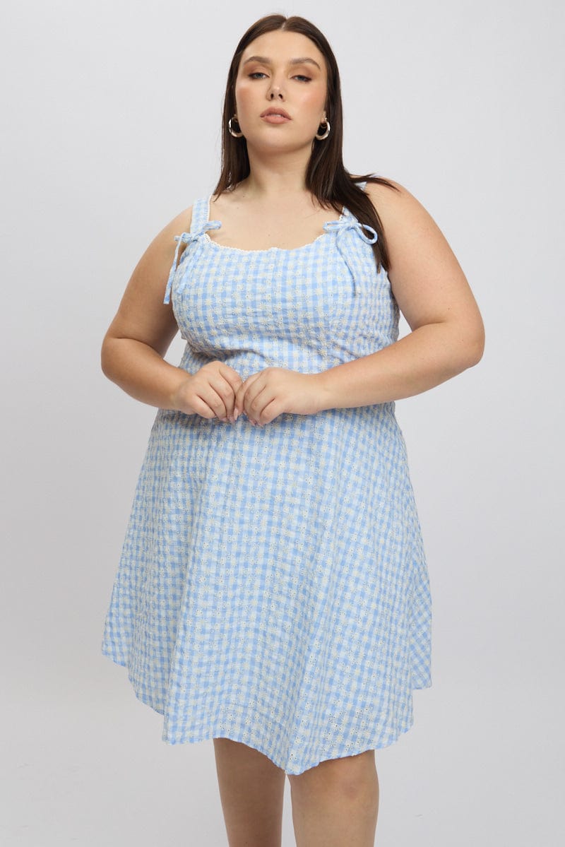 Blue Check Gingham Embroidered Mini Dress