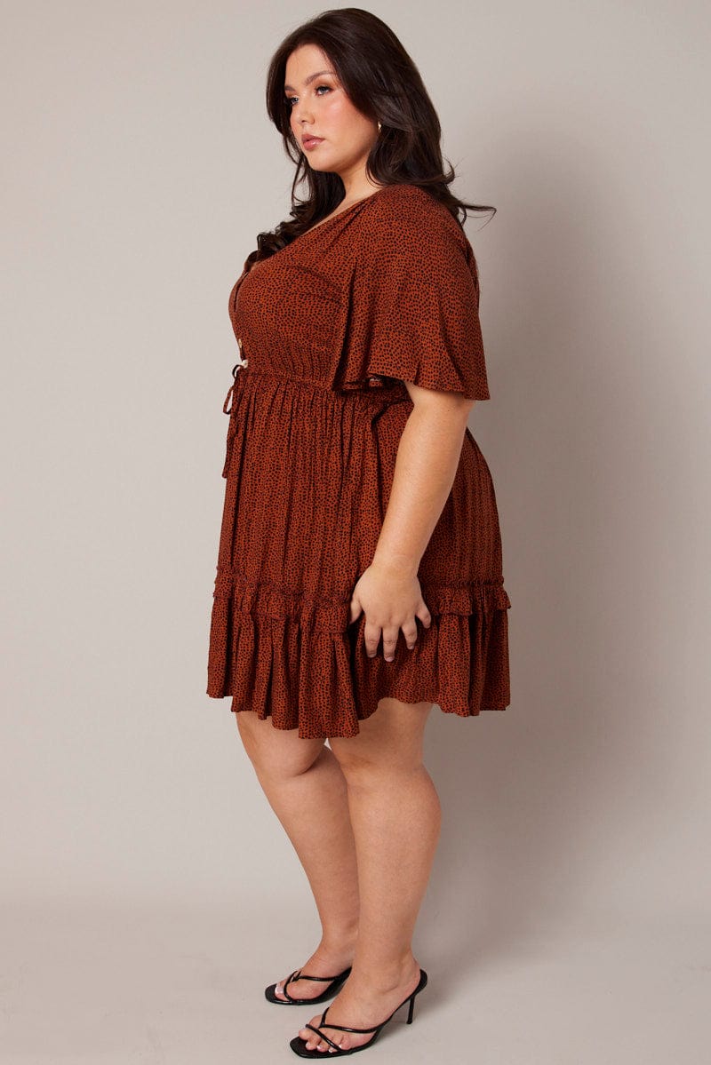 Brown Geo Shell Button Mini Dress for YouandAll Fashion