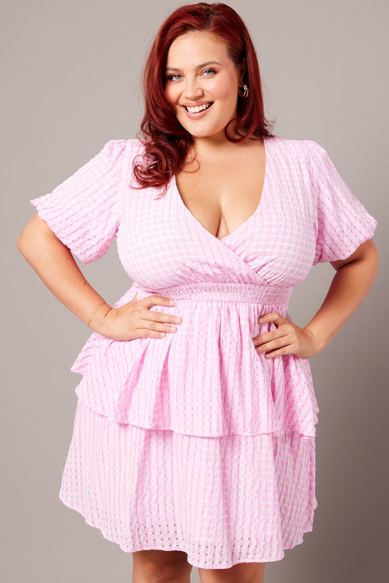 Pink Check Shirred Waistband Layer Minidress | You & All Pink Check Shirred Waistband Layer Minidress | You & All