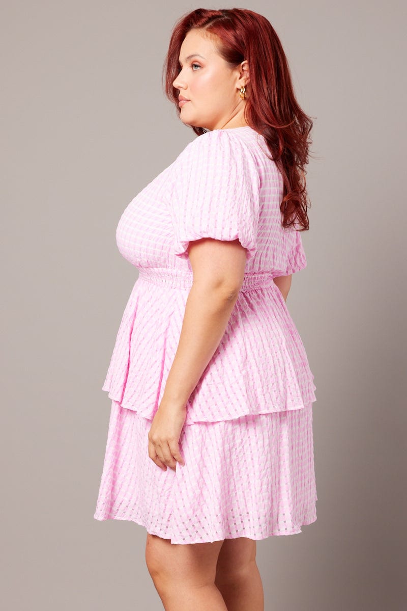 Check Top Pink Mini Pink Check Shirred Waistband Layer Minidress | You & All