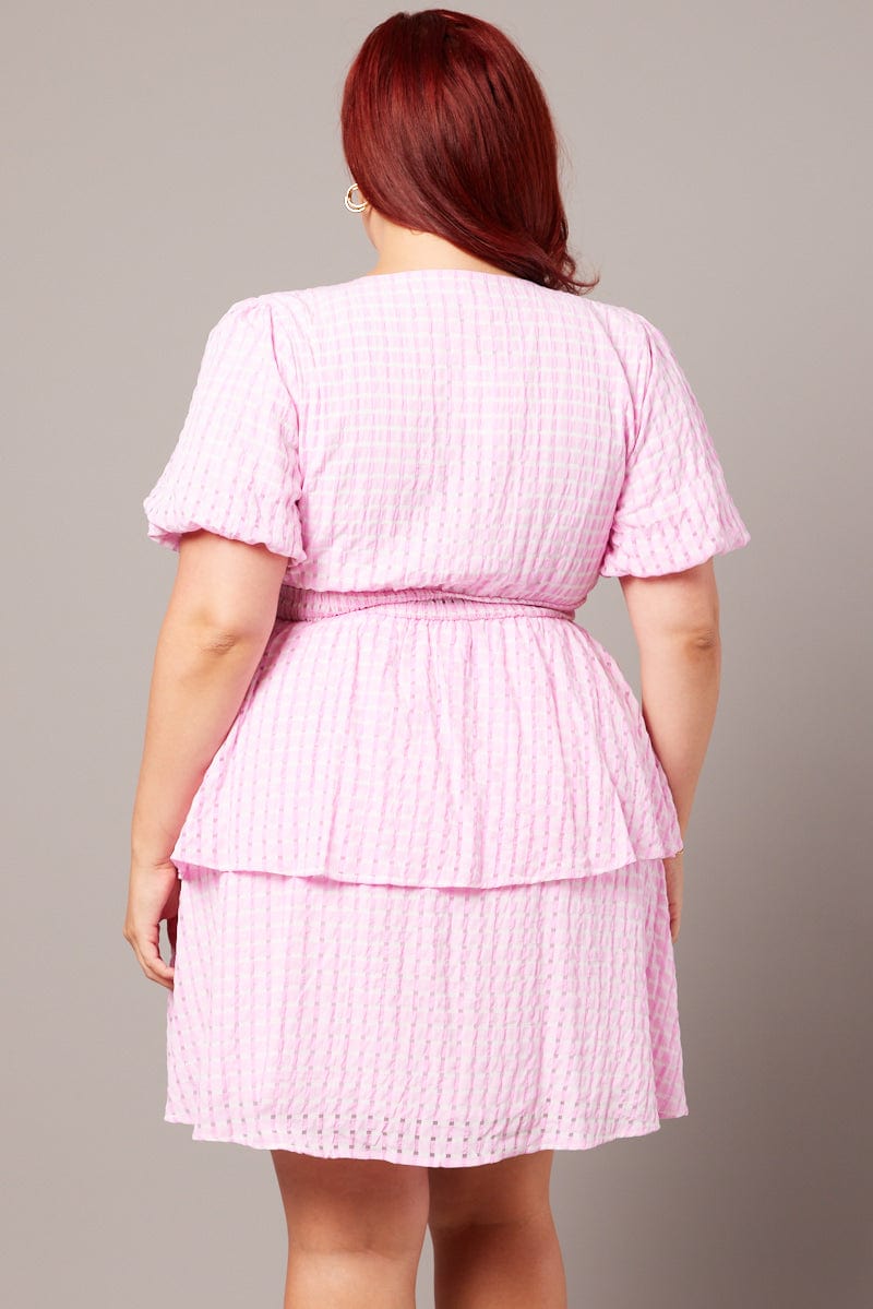 Pink Self Check Shirred Waistband Layer Minidress for YouandAll Fashion